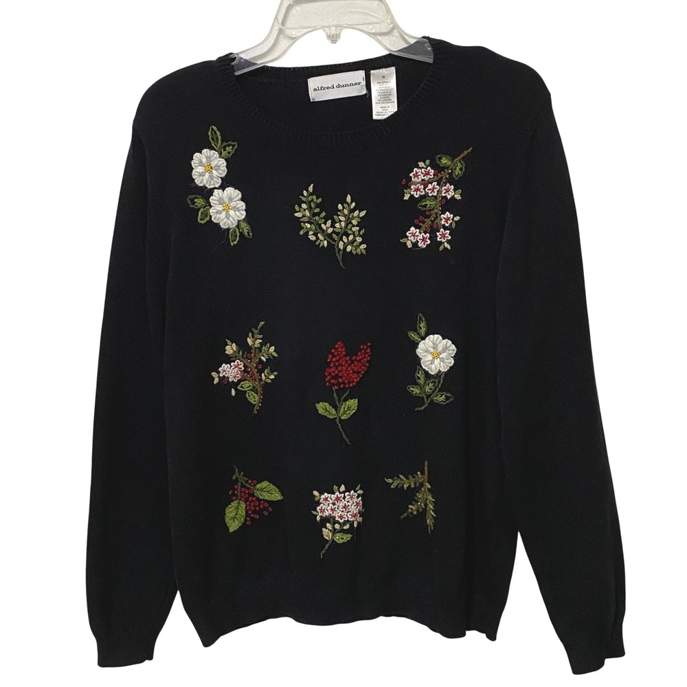 Y2K Alfred Dunner Embroidered Botanical Black Crew Neck Sweater